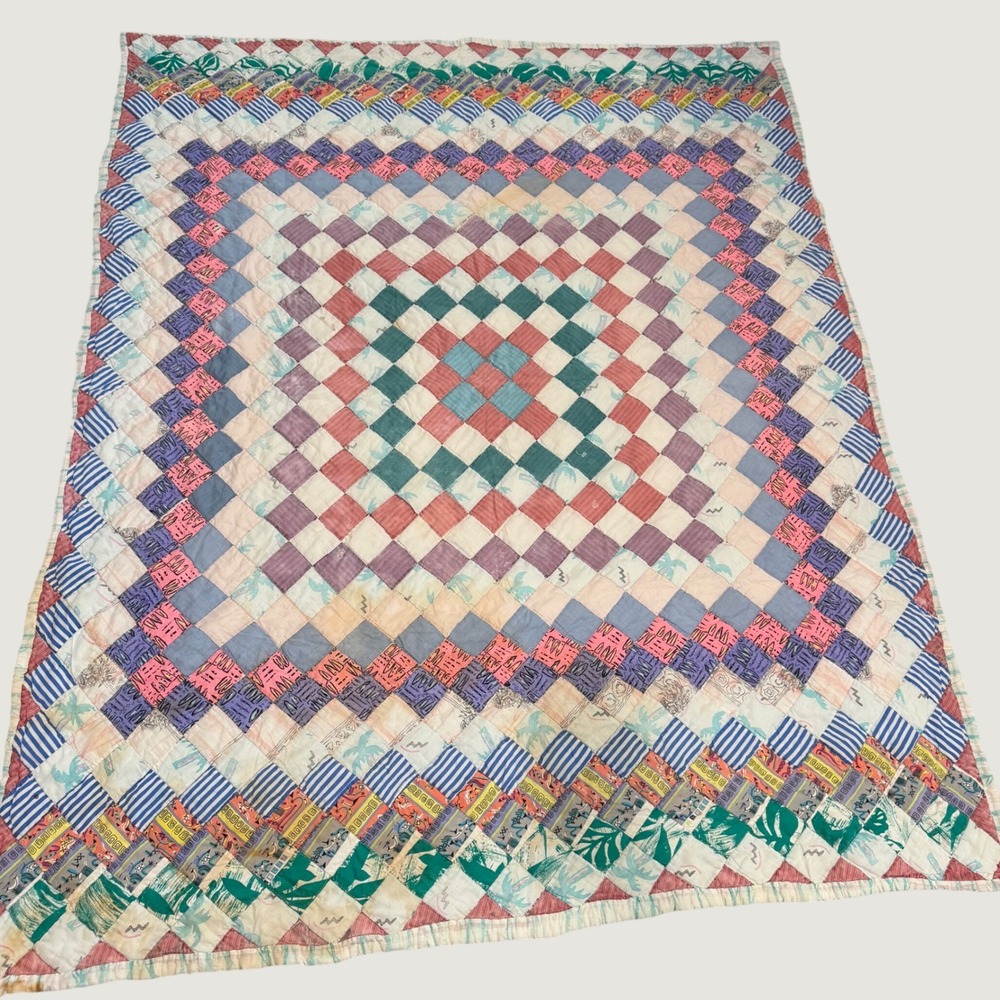 Vintage Handmade Trip Around the World Patchwork Quilt 66" x 84" – Cutter/Repair